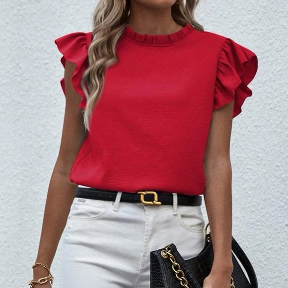 Red butterfly sleeve ruffle blouse - Picture 2 of 6